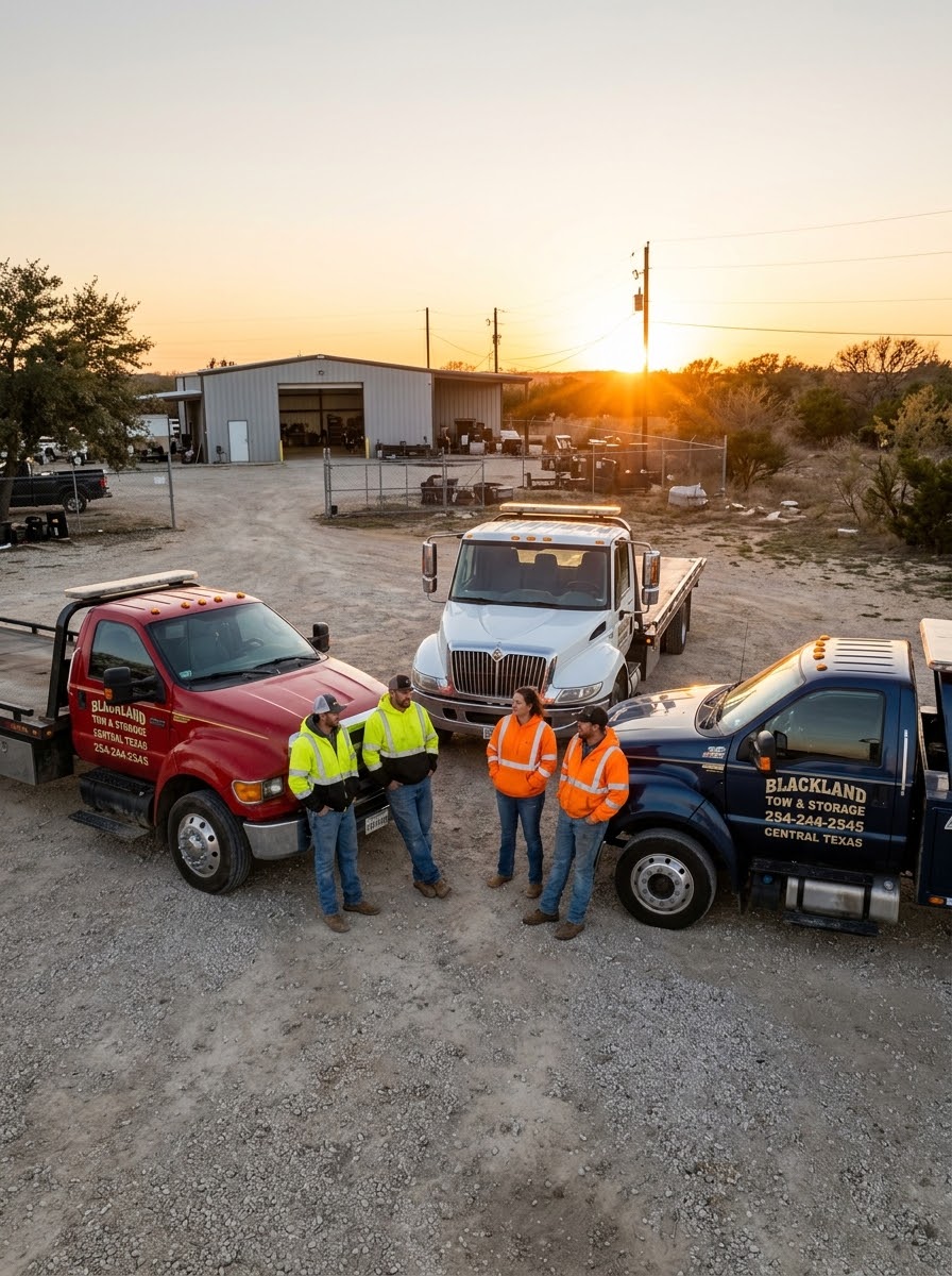 The Blackland Tow & Storage crew in hi-vis gear with their flatbed trucks at sunset